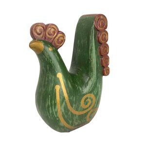 Hand Painted Green Gold Swirl Rooster Figurine Resin Farmhouse Country Decor